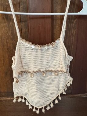 Crocheted Shell-Trim Cream Tank Top